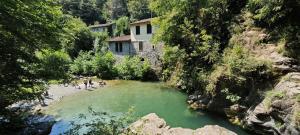 eine Gruppe von Menschen, die an einem Strand neben einem Fluss stehen in der Unterkunft Villa Margherite in Merizzo