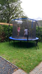 two children playing on a trampoline in the grass at Chalet Aan de rand - Veluwe - met sauna in Putten