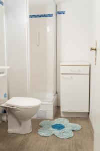 a bathroom with a toilet and a shower and a rug at Room with 2 beds in the Old Town in Bratislava