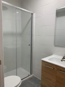 Un baño con ducha, inodoro y lavabo. en Mejorana Habitaciones, en Madrid