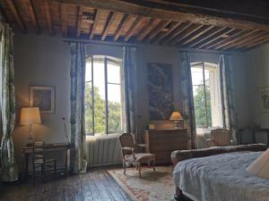 1 Schlafzimmer mit 2 Fenstern, einem Bett und einem Schreibtisch in der Unterkunft Château Seguier - Loire Valley and vineyards in Brinon-sur-Sauldre + 78 Fotos