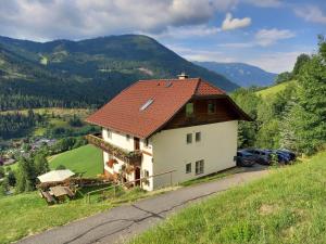 巴德小基希海姆Tischnerhof Appartements的山坡上的一座红色屋顶的房子