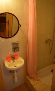 uma casa de banho com um lavatório e um chuveiro com um espelho. em Ring Penzión em Komárno