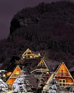 a group of houses in the snow at night at Vila Oxygen Kuqishtë Rugovë in Boge