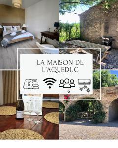a collage of photos of a hotel room with a bed and wine glasses at La Maison de l'Aqueduc in Cournanel