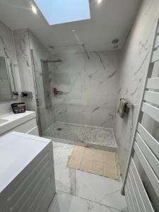 サン・モール・デ・フォッセにあるCosy F2 à Saint Maur des Fossésのシャワーと洗面台を備えた白いバスルーム +7枚の写真