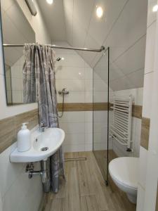 a bathroom with a sink and a toilet and a mirror at ekoLOKUM - kameralnie, blisko centrum in Ostróda