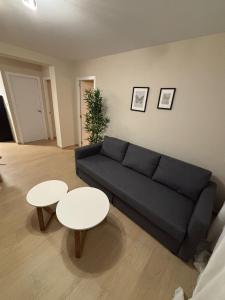 サラゴサにあるPuente de Piedraのリビングルーム(黒いソファ、テーブル2台付)