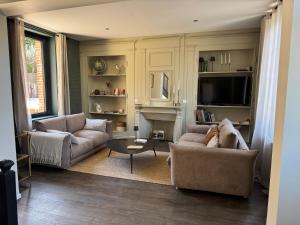 a living room with two couches and a fireplace at Maison Eudoise, piscine et spa in Eu