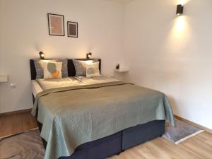 a bedroom with a bed with a green blanket at Apartment 12-09 in Bajina Bašta