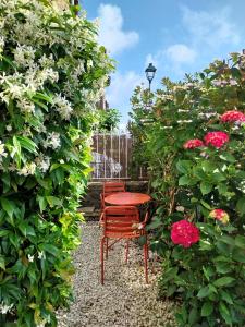 a red chair and a table in a garden with flowers at Charmant Studio au cœur de Dinard in Dinard