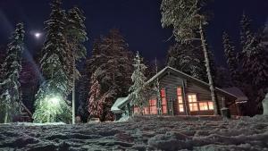 a log cabin in the snow at night at HonkaRuka, Agrohonka in Ruka +10 photos