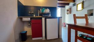 a kitchen with a refrigerator and a counter top at Casetta Anna Natura Trekking e Pace nel Parco delle 5 Terre a 350 m slm lontana dal caos info dettagliate alla voce host in Riomaggiore