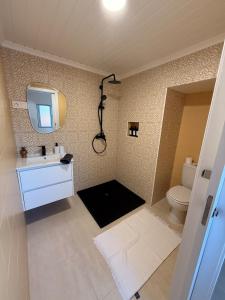 a bathroom with a toilet and a sink and a mirror at Family Home - Alojamento Local in Nordeste