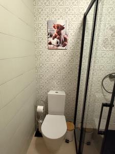 a bathroom with a toilet with a picture on the wall at Family Home - Alojamento Local in Nordeste +30 photos