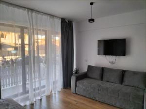 a living room with a couch and a flat screen tv at Nicholas Studio Saturn in Mangalia