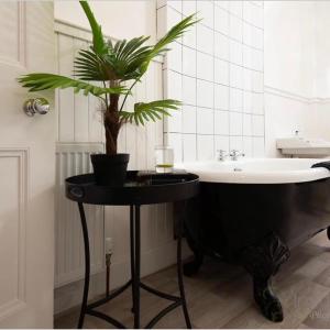 a bathroom with a black tub and a plant on a table at Stylish Town Apt in Hawick