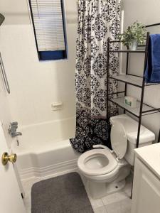 Un baño con inodoro y cortina de ducha en Large one bedroom apartment, en Washington