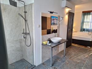 a bathroom with a shower and a sink at Smart Wellness Hotel TREZOR in Pécs +21 photos