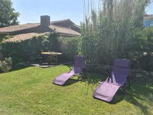 two purple lawn chairs and a table in a yard at Gîte Le Temps d'Une Vie in Maché