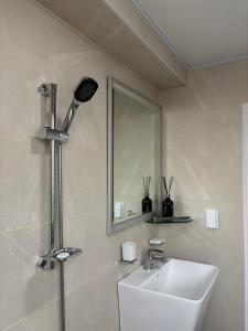 ソウルにあるA spacious two-room accommodation near Gangnam, where dogs are allowedの洗面台と鏡のあるバスルーム