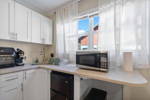 デルレイビーチにあるCosy And Stylish Studio East Delray Beachのキッチン(電子レンジ付きカウンター、窓付)
