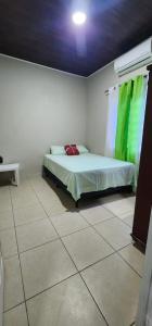 科马亚瓜Casa Villa Universitaria的一间卧室配有一张带绿色窗帘的床