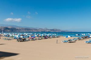 a beach with a lot of chairs and umbrellas at Sun Akademie in Las Palmas de Gran Canaria