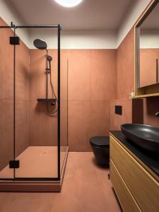 um banheiro com um vaso sanitário preto e uma pia em Dzelzavas loft em Riga