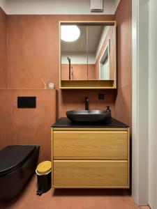 um banheiro com pia e espelho em Dzelzavas loft em Riga