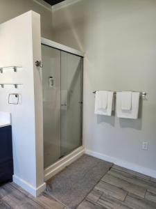 een glazen douche in de badkamer met handdoeken bij Modern apartment overlooking a Historic Downtown in Elloree