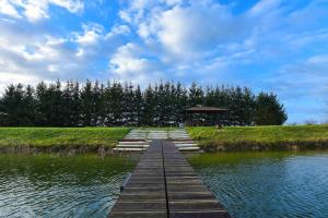 a wooden pathway in the middle of a body of water at Comfort Zone Ostróda Apartment 1 in Grabinek