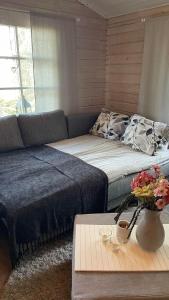 a living room with a couch and a table at Siulakumpu Cabin in Inari +16 photos