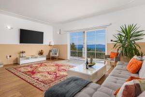 Una sala de estar con un sofá y un televisor. en Villa Alex, en Crikvenica