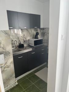 a kitchen with a sink and a microwave at Garsoniera Mtk in Turnu Măgurele
