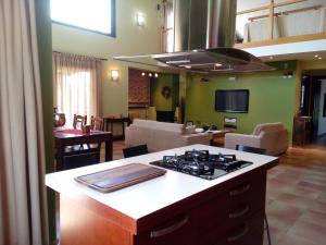 a kitchen with a stove and a living room at Vicente House in Skala Rachoniou