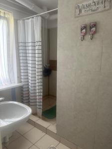 a bathroom with a shower and a sink at Tififi przyczepa in Pobierowo