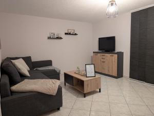 a living room with a couch and a tv at Ferienwohnung Landruhe in Katharinenberg