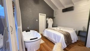 a bedroom with a bed and a sink in it at Vila Chamonix - Chalé Carmenere in Urubici