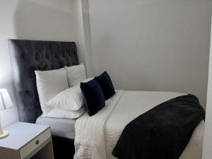 Un dormitorio con una cama con almohadas azules. en 2 Bedroom Apartment in Cape Town, en Vosburg