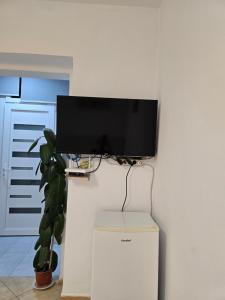 Un televisor de pantalla plana colgado en una pared en Cozzy Studio Tirana, en Tirana
