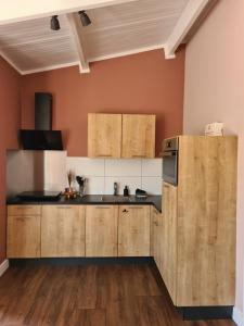 a kitchen with wooden cabinets and black counter tops at B&B het Zandoogje in Hollandscheveld