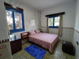 a small bedroom with a bed and two windows at Afriquia Star in Oulad Akkou