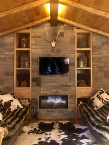 a living room with a fireplace and a tv at Leonville Luxury Apartment in Roccaraso
