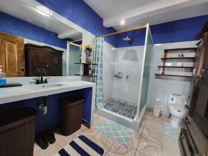 a bathroom with a shower and a sink and a toilet at Casa Bella Vista in Santa Catarina Palopó +26 photos