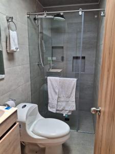 a bathroom with a toilet and a glass shower at Lindo apartamento en Villapinzon in Villapinzón