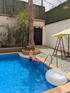 a swimming pool with a toilet and a palm tree at Villa bouisville ain el turk oran in Trouville