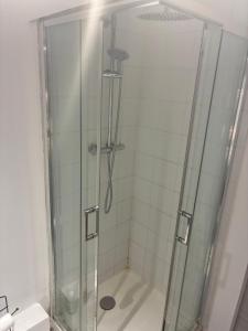 a shower in a bathroom with a glass shower stall at Cocoon4 - Logement bohème rénové Centre historique Beaucaire in Beaucaire