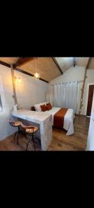 a bedroom with a large bed and a table at Recanto das palmeiras 2 in São Thomé das Letras +12 photos