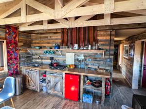 a kitchen in a cabin with wooden walls at Casa El Puesto Patagonia in Villa Cerro Castillo